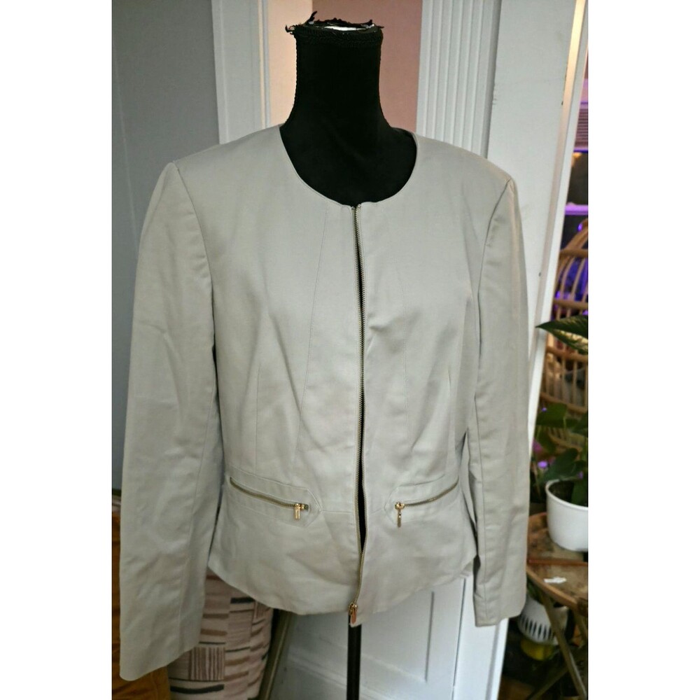 Calvin Klein  Women's Beige Zip Front Lined Blazer Jacket Sz 14 Long Sleeve